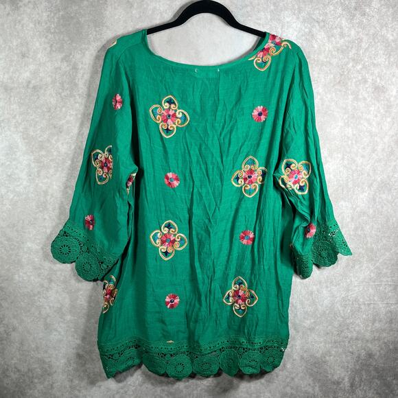 Kindred Top Womens 2X Green Floral Crochet Trim 3/4 Sleeve V-Neck Boho Casual - Picture 5 of 9